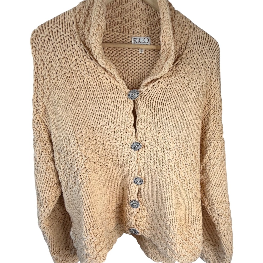 RICO Women Creamsicle Beige Chunky Knit 100% Cotton Button Front Cardigan